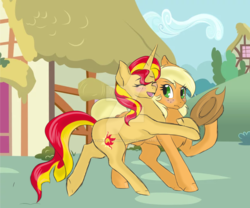 Size: 1024x853 | Tagged: safe, artist:uniquecolorchaos, applejack, sunset shimmer, pony, unicorn, g4, blushing, happy, hug, story in the source, watermark