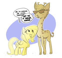 Size: 926x867 | Tagged: safe, artist:shoutingisfun, clementine, fluttershy, giraffe, horse, pegasus, pony, fluttershy leans in, g4, abstract background, dialogue, female, furry confusion, limited palette, mare, open mouth, racism, rude, smiling, snob, speech bubble, sunglasses, talking giraffe