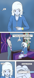 Size: 1000x2300 | Tagged: safe, artist:deltalima, sci-twi, trixie, twilight sparkle, equestria girls, g4, bed, bookshelf, clothes, comic, door, glasses, jacket, pregnancy test, talking in third person