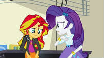 Size: 203x113 | Tagged: safe, edit, edited screencap, screencap, rarity, sunset shimmer, comic:a new change, equestria girls, g4, my little pony equestria girls: rainbow rocks, bracelet, clothes, jacket, jewelry, leather jacket, picture for breezies, pregnant, pregnant edit, sad, skirt