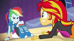Size: 301x168 | Tagged: safe, edit, edited screencap, screencap, rainbow dash, sunset shimmer, comic:a new change, equestria girls, g4, my little pony equestria girls: rainbow rocks, angry, bad edit, boots, clothes, compression shorts, picture for breezies, pregnant, pregnant edit, shoes