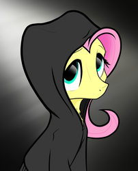 Size: 1835x2267 | Tagged: safe, artist:narbarnar, fluttershy, pony, g4, bust, clothes, female, gradient background, hoodie, looking at you, looking up, looking up at you, portrait, solo, three quarter view