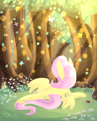 Size: 2000x2500 | Tagged: safe, artist:siggie740, fluttershy, butterfly, pegasus, pony, g4, crepuscular rays, female, forest, grass, high res, mare, on side, rear view, solo, sunlight, tree