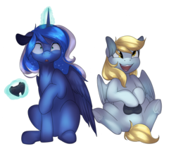 Size: 4000x3369 | Tagged: safe, artist:rue-willings, derpy hooves, princess luna, pegasus, pony, g4, controller, enjoying, female, floppy ears, magic, mare, open mouth, simple background, sitting, surprised, telekinesis, transparent background, underhoof, wide eyes