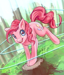 Size: 903x1058 | Tagged: safe, artist:mirroredsea, pinkie pie, earth pony, pony, g4, female, forest, jumping, looking at you, mare, smiling, solo, tree stump