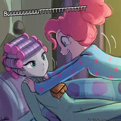 Size: 750x750 | Tagged: safe, artist:lumineko, maud pie, pinkie pie, equestria girls, g4, rock solid friendship, bed, bell, clothes, cowbell, equestria girls interpretation, female, footed sleeper, hair curlers, looking at each other, open mouth, pajamas, pie sisters, pie sisters pajamas, scene interpretation, siblings, sisters, smiling