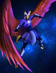 Size: 1024x1333 | Tagged: safe, artist:blackblood-queen, oc, oc only, oc:daniel dasher, dracony, hybrid, pegasus, anthro, unguligrade anthro, anthro oc, armor, helmet, large wings, looking at you, night guard, solo, wings