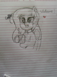 Size: 2576x1932 | Tagged: safe, artist:kellysans, oc, oc only, pegasus, pony, bell, bell collar, coffee, coffee mug, collar, ear piercing, heart, lined paper, mug, piercing, solo, traditional art, welcome