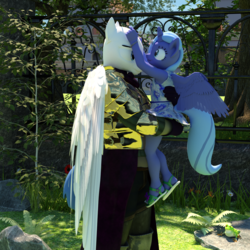 Size: 1500x1500 | Tagged: safe, artist:tahublade7, princess luna, oc, oc:goldshine, alicorn, pegasus, anthro, plantigrade anthro, g4, 3d, armor, carrying, clothes, cute, daz studio, dress, female, filly, floral head wreath, flower, gloves, lunabetes, male, medal, royal guard, sandals, stallion, story included, sundress, toes, woona, younger
