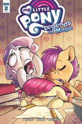 Size: 1032x1566 | Tagged: safe, artist:pixel-prism, idw, apple bloom, scootaloo, sweetie belle, earth pony, pegasus, pony, unicorn, g4, legends of magic #2, my little pony: legends of magic, comic cover, cover, cover art, cutie mark crusaders, drool, female, filly, homework, mare, sleeping, sleeping while sitting