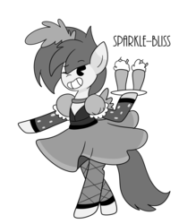 Size: 1024x1280 | Tagged: safe, artist:sparkle-bliss, oc, oc only, oc:console command, pony, black and white cartoon, clothes, commission, crossdressing, dress, grayscale, milkshake, monochrome, old timey, one eye closed, pac-man eyes, puffy sleeves, saloon dress, smiling, solo, style emulation, tray, waitress, wink