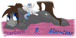 Size: 4000x2000 | Tagged: safe, artist:kassc, oc, oc only, oc:naisol, oc:starburn, earth pony, pegasus, pony, bed, duo, floppy ears, looking at you, looking back, micro, open mouth, prone, sitting, size difference, smiling, spread wings, tumblr, waving, wings