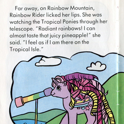 Size: 340x340 | Tagged: safe, streaky, pony, unicorn, g1, official, accidental innuendo, book, cropped, food, innocent innuendo, juicy, licking, licking lips, out of context, pineapple, rainbow curl pony, rainbow mountain, rainbow rider's birthday adventure, story, telescope, tongue out, tropical pony, watching