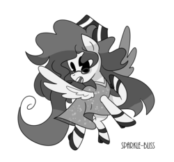 Size: 1024x956 | Tagged: safe, artist:sparkle-bliss, oc, oc only, oc:ferb fletcher, pony, black and white cartoon, clothes, commission, crossdressing, dress, flying, grayscale, high heels, long mane, monochrome, old timey, open mouth, pac-man eyes, simple background, solo, style emulation, transparent background