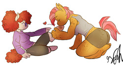 Size: 1280x679 | Tagged: dead source, safe, artist:shellielle, babs seed, twist, earth pony, anthro, unguligrade anthro, g4, breasts, clothes, comforting, female, fetish, freckles, glasses, heart, hoof fetish, kissing, lesbian, mare, ship:babstwist, shipping