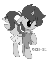 Size: 1024x1280 | Tagged: safe, artist:sparkle-bliss, oc, oc only, oc:frost d. tart, alicorn, pony, alicorn oc, black and white cartoon, clothes, commission, crossdressing, cute, dress, grayscale, monochrome, ocbetes, old timey, one eye closed, pac-man eyes, ponytail, school uniform, schoolgirl, simple background, skirt, solo, style emulation, transparent background, wink