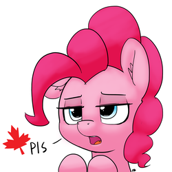 Size: 1280x1280 | Tagged: safe, artist:pabbley, pinkie pie, earth pony, pony, g4, canada, dialogue, ear fluff, female, lidded eyes, open mouth, simple background, solo, unamused, white background