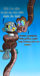 Size: 670x1280 | Tagged: safe, artist:snakeythingy, gabby, griffon, snake, g4, coils, dialogue, imminent vore, kaa, kaa eyes, mind control, peril, spiral