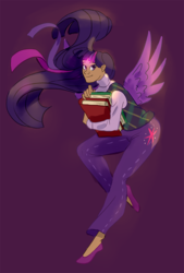 Size: 674x1000 | Tagged: safe, artist:enfant-des-reves, twilight sparkle, alicorn, human, g4, book, clothes, dark skin, female, humanized, jeans, pants, simple background, smiling, solo, sweater vest, twilight sparkle (alicorn), winged humanization, wings