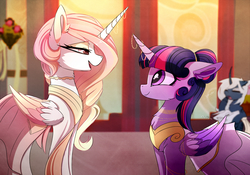 Size: 2877x2019 | Tagged: dead source, safe, artist:magnaluna, princess celestia, princess luna, twilight sparkle, oc, oc:zefiroth, alicorn, pony, g4, clothes, dress, female, high res, jewelry, lesbian, looking at each other, mare, open mouth, regalia, royal sisters, ship:twilestia, shipping, smiling, twilight sparkle (alicorn), yawn