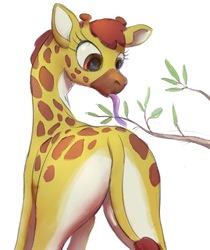 Size: 1072x1278 | Tagged: safe, artist:grissaecrim, clementine, giraffe, fluttershy leans in, g4, butt, censored butt, colored, eating, female, giraffes doing giraffe things, long tongue, plot, simple background, solo, strategically covered, tail censor, tongue out, white background