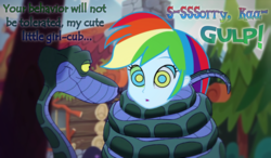 Size: 1300x760 | Tagged: safe, artist:snakeythingy, edit, rainbow dash, snake, equestria girls, g4, my little pony equestria girls: legend of everfree, camping, choking, coils, crossover, dialogue, hypno dash, hypnosis, hypnotized, kaa, kaa eyes, mind control, peril, story included, the jungle book
