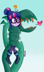 Size: 740x1200 | Tagged: safe, artist:snakeythingy, sci-twi, twilight sparkle, equestria girls, g4, my little pony equestria girls: friendship games, blushing, carnivorous plant, coils, heart, plant, question mark, snuggling, story included