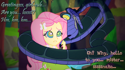 Size: 1360x760 | Tagged: safe, artist:snakeythingy, edit, fluttershy, equestria girls, g4, clothes, dialogue, forest, hypnoshy, hypnosis, hypnotized, kaa, kaa eyes, mind control, peril, skirt, story included, swirly eyes