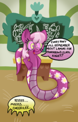 Size: 750x1170 | Tagged: safe, artist:snakeythingy, cheerilee, oc, oc:cora, oc:ruby, lamia, original species, snake pony, g4, chalkboard, dialogue, kaa eyes, mind control, offscreen character, school house, solo, species swap, spiral, story included, swirly eyes