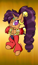 Size: 740x1240 | Tagged: safe, artist:snakeythingy, saffron masala, genie, pony, g4, bipedal, clothes, cosplay, costume, costume swap, crossover, female, hair over one eye, one eye closed, shantae, shantae (character), solo, wink