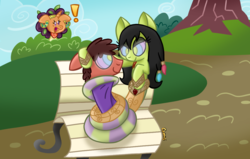 Size: 1170x745 | Tagged: safe, artist:snakeythingy, saffron masala, oc, oc:cora, oc:sketchy dupe, lamia, original species, snake pony, g4, blanket, bush, coils, dupala, exclamation point, jealous, kaa eyes, mind control, park bench, request, sitting, story included, swirly eyes