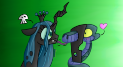 Size: 1275x695 | Tagged: safe, artist:snakeythingy, queen chrysalis, changeling, snake, g4, angry, blushing, heart, kaa, no, skull, tongue out