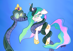 Size: 1075x760 | Tagged: dead source, safe, artist:snakeythingy, princess celestia, alicorn, pony, snake, g4, accessory theft, angry, blushing, coils, crown, female, hypnotized, jewelry, kaa, kaa eyes, mare, mind control, peril, regalia, smug