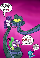 Size: 760x1100 | Tagged: safe, artist:snakeythingy, princess ember, rarity, spike, dragon, snake, g4, angry, april fools joke, blushing, buck, coils, crossover, food, fuck my life, kaa, marshmallow, no regrets, peril, rarity is a marshmallow, story included, the jungle book