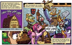 Size: 1334x839 | Tagged: safe, artist:brenda hickey, idw, official comic, cocoa axe, rockhoof, earth pony, pony, g4, legends of magic #2, my little pony: legends of magic, spoiler:comic, beard, braid, butt, chug chug chug chug, crossover, eating, eyes closed, facial hair, female, fire emblem, food, gluttony, lucina, male, mare, mighty helm, mug, oats, open mouth, overeating, plot, ponified, speech bubble, stallion, stuffing, this will end in weight gain