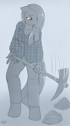 Size: 1000x1800 | Tagged: dead source, safe, artist:evomanaphy, marble pie, earth pony, anthro, unguligrade anthro, g4, blushing, clothes, female, gradient background, jeans, mare, mining, pants, pickaxe, plaid shirt, rock, solo
