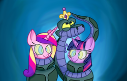 Size: 1100x700 | Tagged: safe, artist:snakeythingy, princess cadance, twilight sparkle, pony, snake, g4, accessory theft, coiling, coils, crossover, crown, happy, hypnosis, jewelry, kaa, kaa eyes, mind control, peril, regalia, the jungle book