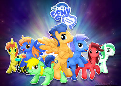 Size: 1600x1131 | Tagged: safe, artist:jucamovi1992, flash sentry, oc, oc:speed wave, earth pony, pegasus, pony, unicorn, g4, colt, group, male, stallion, vector, wheelchair