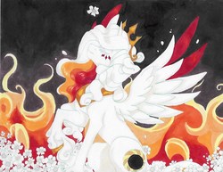 Size: 813x628 | Tagged: safe, artist:frozensoulpony, oc, oc only, oc:fair antumbra, alicorn, pony, colored wings, colored wingtips, crown, female, fire, flower, jewelry, mare, offspring, parent:princess celestia, regalia, solo, traditional art