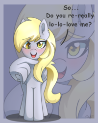 Size: 1600x2000 | Tagged: safe, artist:ciderpunk, derpy hooves, pegasus, pony, g4, blushing, female, mare, solo, spoilers in the comments, stuttering, wing hands, zoom layer
