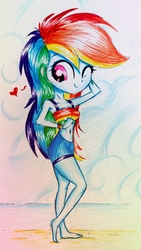Size: 2121x3771 | Tagged: safe, artist:liaaqila, rainbow dash, equestria girls, g4, belly button, bikini, breasts, clothes, female, heart, high res, looking at you, midriff, sexy, solo, swimsuit, traditional art