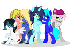 Size: 1600x1129 | Tagged: safe, artist:snowbunny0820, oc, oc only, oc:blake, oc:daniel, oc:fin, oc:jessy, oc:kayla, oc:snowbunny, earth pony, pegasus, pony, unicorn, base used, bipedal, female, male, mare, rule 63, simple background, stallion, transparent background