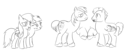 Size: 1024x435 | Tagged: safe, artist:karmadash, big macintosh, bow hothoof, rainbow dash, windy whistles, earth pony, pony, g4, female, male, mare, monochrome, rainbow dash's parents, ship:rainbowmac, ship:windyhoof, shipping, sketch, stallion, straight