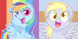 Size: 700x350 | Tagged: safe, artist:yokokinawa, derpy hooves, rainbow dash, pegasus, pony, g4, colored pupils, cute, dashabetes, derpabetes, duo, female, looking at you, mare, open mouth, smiling, spread wings, wings