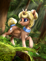 Size: 1500x2000 | Tagged: dead source, safe, artist:makkah, oc, oc only, oc:crème puff, pony, unicorn, eyeshadow, female, forest, grass, hair bun, looking back, makeup, mare, mother, raised hoof, request, requested art, saddle bag, scenery, solo, spider web, sunlight, tail bun, tree