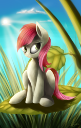 Size: 1891x3000 | Tagged: safe, artist:quefortia, roseluck, earth pony, pony, g4, cloud, female, grass, leaf, mare, micro, sitting, smiling, solo, sun, sunlight