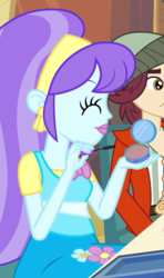 Size: 537x909 | Tagged: safe, screencap, aqua blossom, normal norman, equestria girls, g4, my little pony equestria girls, background human, bowtie, clothes, compact mirror, cropped, ear piercing, earring, eyes closed, flower, hat, jacket, jewelry, mascara, mirror, piercing