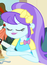 Size: 364x499 | Tagged: safe, screencap, aqua blossom, scott green, equestria girls, g4, my little pony equestria girls, apple fritter (food), background human, bowtie, clothes, cropped, ear piercing, earring, eyes closed, food, fork, helping twilight win the crown, jewelry, piercing, scarf