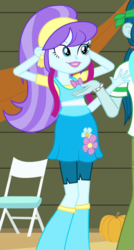 Size: 472x879 | Tagged: safe, screencap, aqua blossom, captain planet, equestria girls, g4, my little pony equestria girls, animation error, aqua blossom's stealth third arm, background human, boots, bracelet, chair, cropped, ear piercing, earring, flower, jewelry, piercing, pumpkin, smiling, streamers, time to come together