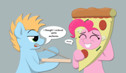 Size: 2915x1689 | Tagged: safe, artist:ljdamz1119, pinkie pie, oc, oc:harmony star, earth pony, pony, g4, rock solid friendship, comic, food, male, pizza, pizza head, simple background, stallion